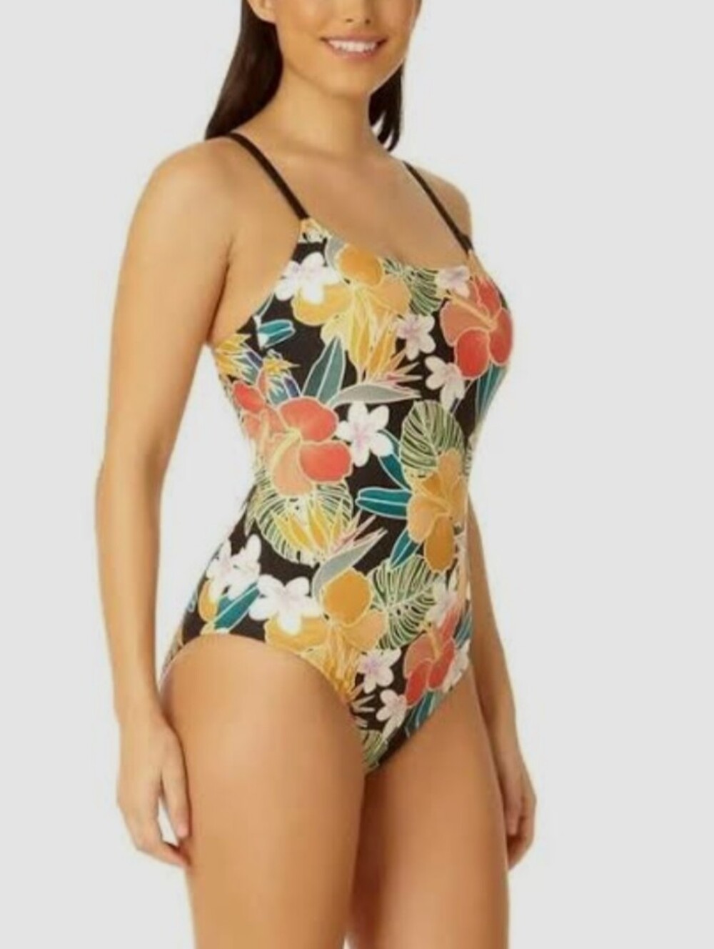 Hurley Hawaiian Print Floral Palm Leaves Strappy Back One Piece Monokini L